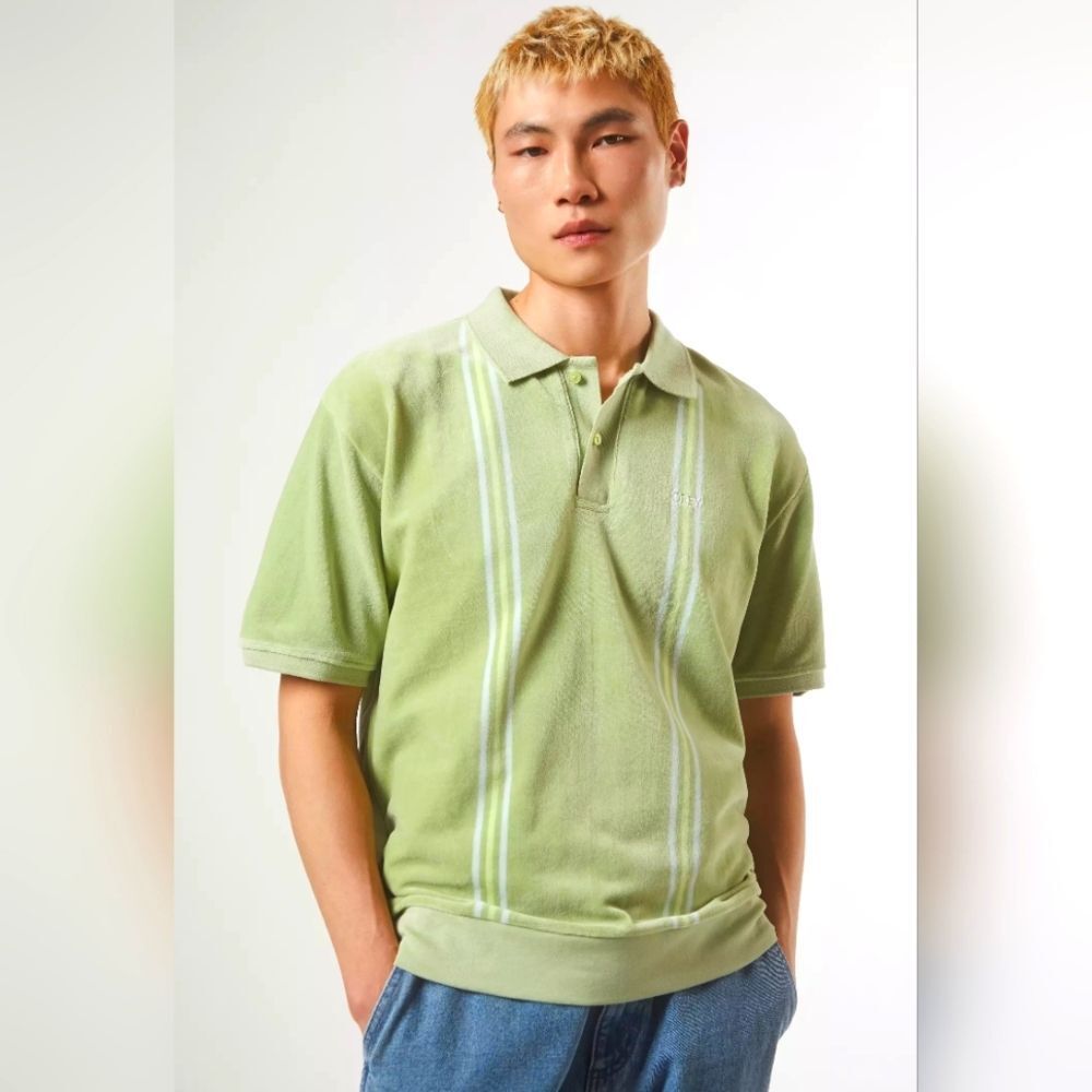 NWT OBEY Urban Outfitters Green Stefano Velour Striped Polo Shirt Sz L